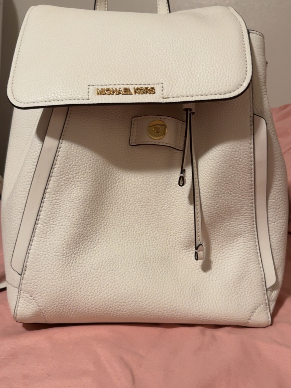 Michael Kors White Pebbled Leather Drawstring Backpack with Gold Hardware